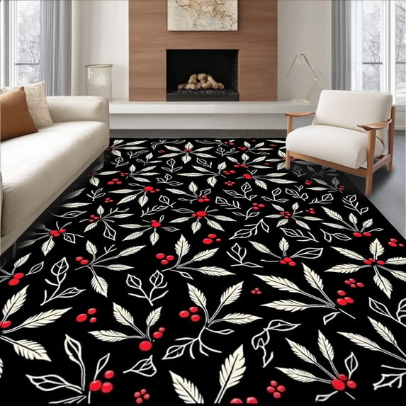 ODIKA 6'x9' Machine Washable Non-Slip Area Rug, Frosty Jubilation Hearth Accent Seasonal Pair High Traffic Rug, Black, 654688