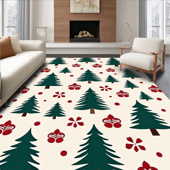 ODIKA 6'x9' Machine Washable Non-Slip Area Rug, Frosty Nordic Pine Enchanted Throw High Traffic Rug with Pad, Green, 611318