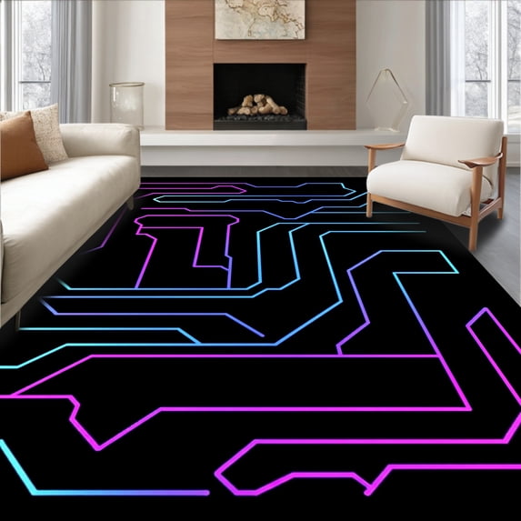 ODIKA 6'x9' Machine Washable Non-Slip Area Rug, Futuristic Digital Circuit Aesthetic Artistic High Traffic Rug with Pad, Pink, 699962