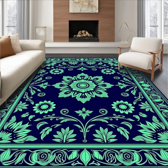 ODIKA 6'x9' Machine Washable Non-Slip Area Rug, Garden Medallion Ornate Floral Damask High Traffic Rug, Blue, 565132