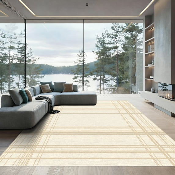 ODIKA 6'x9' Machine Washable Non-Slip Area Rug, Geometric Beige High Traffic Rug, Beige, 1039497