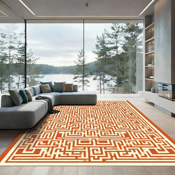 ODIKA 6'x9' Machine Washable Non-Slip Area Rug, Geometric Beige High Traffic Rug, Beige, 1085812