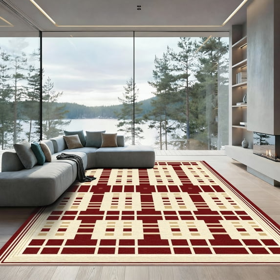 ODIKA 6'x9' Machine Washable Non-Slip Area Rug, Geometric Beige High Traffic Rug, Beige, 1097576