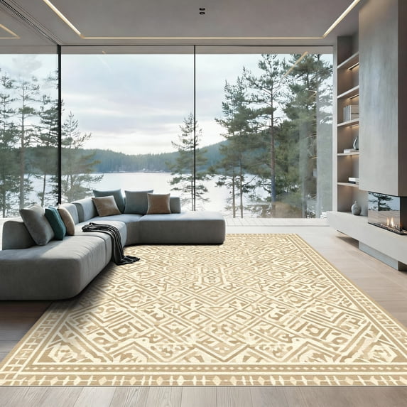 ODIKA 6'x9' Machine Washable Non-Slip Area Rug, Geometric Beige High Traffic Rug with Pad, Beige, 1034032