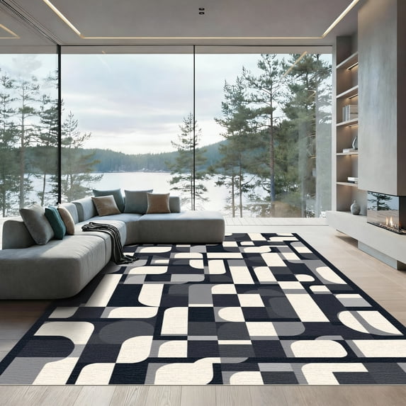 ODIKA 6'x9' Machine Washable Non-Slip Area Rug, Geometric Black High Traffic Rug, Gray, 1095411