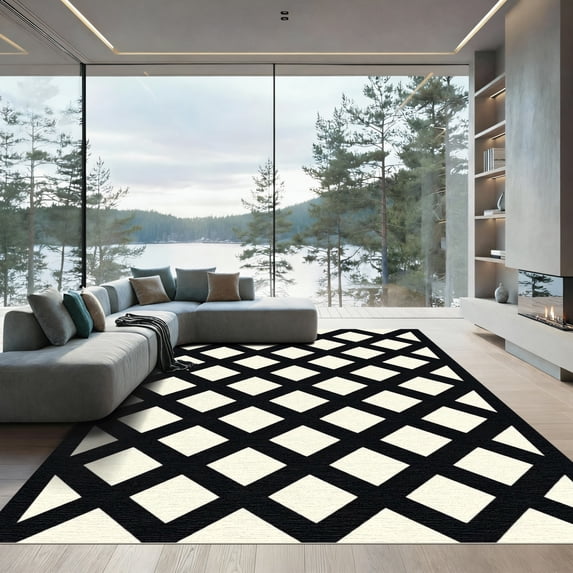ODIKA 6'x9' Machine Washable Non-Slip Area Rug, Geometric Black High Traffic Rug, White, 1058734