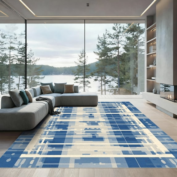 ODIKA 6'x9' Machine Washable Non-Slip Area Rug, Geometric Blue High Traffic Rug, Blue, 1069975