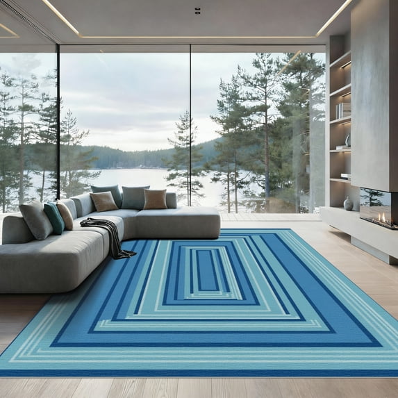 ODIKA 6'x9' Machine Washable Non-Slip Area Rug, Geometric Blue High Traffic Rug, Blue, 1075898