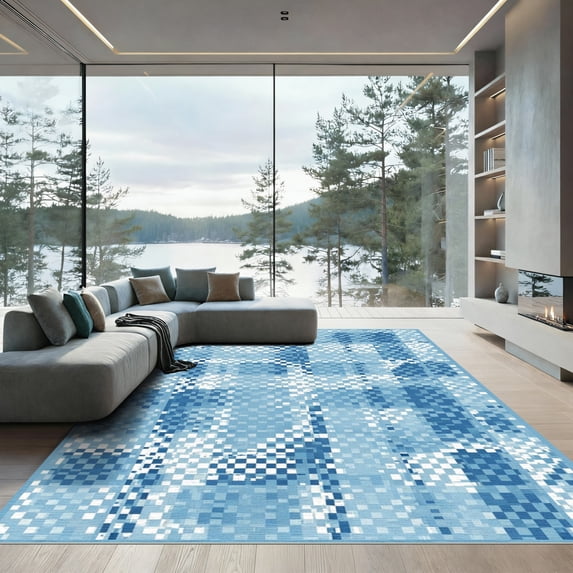 ODIKA 6'x9' Machine Washable Non-Slip Area Rug, Geometric Blue High Traffic Rug with Pad, Blue, 1050879