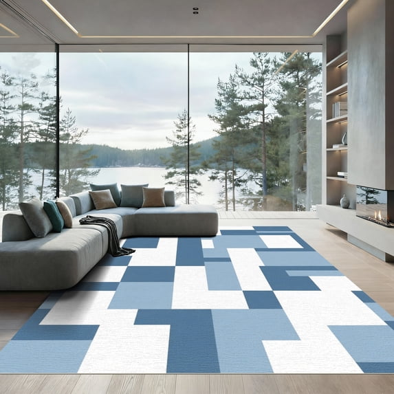 ODIKA 6'x9' Machine Washable Non-Slip Area Rug, Geometric Blue High Traffic Rug with Pad, Blue, 1056496