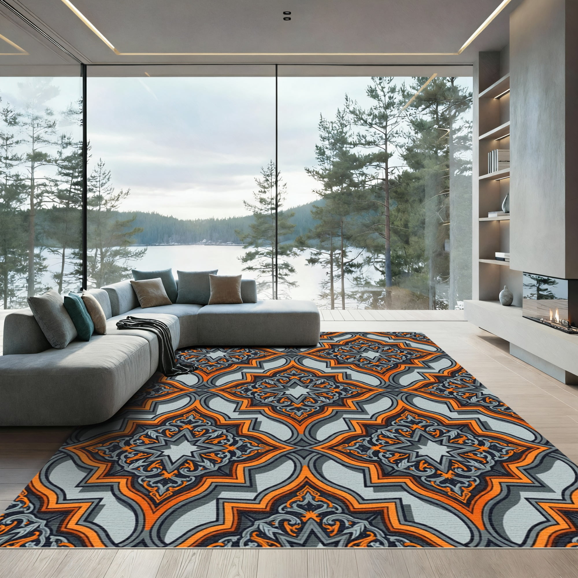 ODIKA 6'x9' Machine Washable Non-Slip Area Rug, Geometric Burnt Orange High Traffic Rug, Gray, 1017428