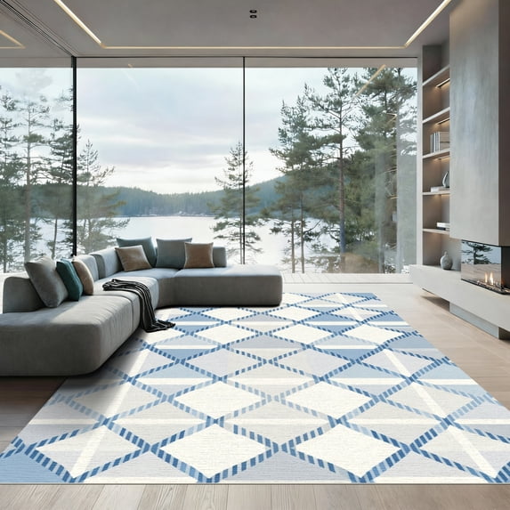 ODIKA 6'x9' Machine Washable Non-Slip Area Rug, Geometric Light Blue High Traffic Rug, Blue, 1097577