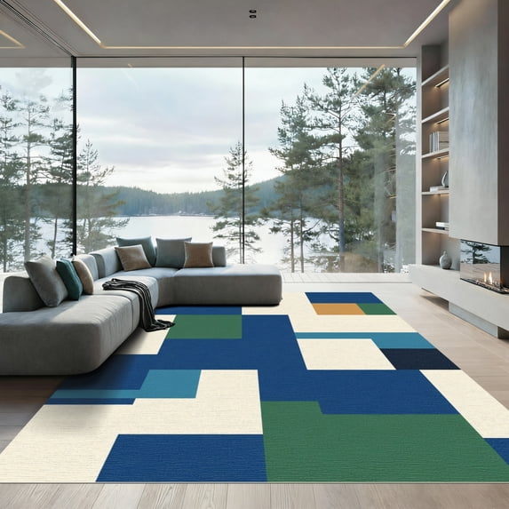 ODIKA 6'x9' Machine Washable Non-Slip Area Rug, Geometric Navy Blue High Traffic Rug, Blue, 1041200