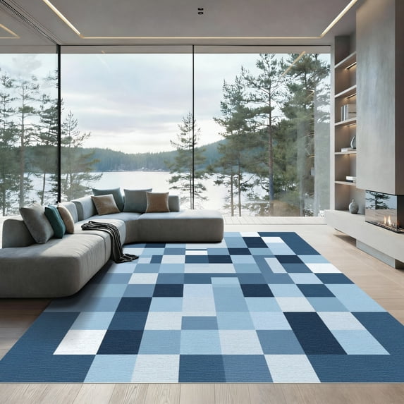 ODIKA 6'x9' Machine Washable Non-Slip Area Rug, Geometric Navy Blue High Traffic Rug, Blue, 1056652