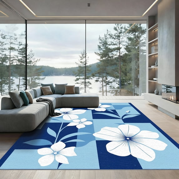ODIKA 6'x9' Machine Washable Non-Slip Area Rug, Geometric Navy Blue High Traffic Rug, Blue, 1069968
