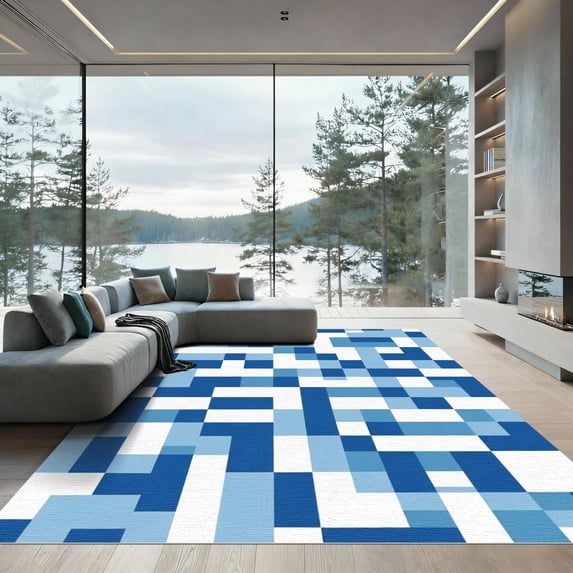 ODIKA 6'x9' Machine Washable Non-Slip Area Rug, Geometric Navy Blue High Traffic Rug with Pad, Blue, 1058047