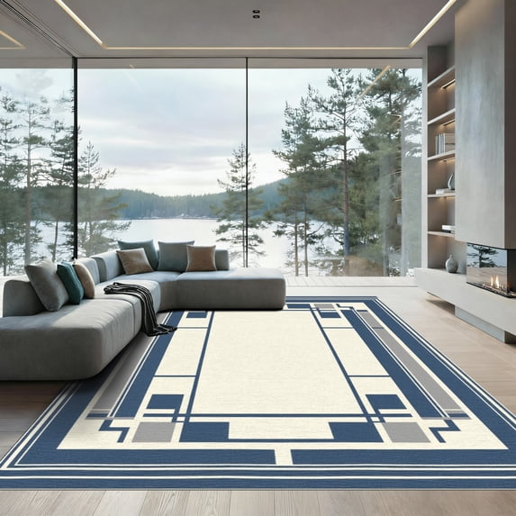 ODIKA 6'x9' Machine Washable Non-Slip Area Rug, Geometric Navy Blue High Traffic Rug with Pad, White, 1055895