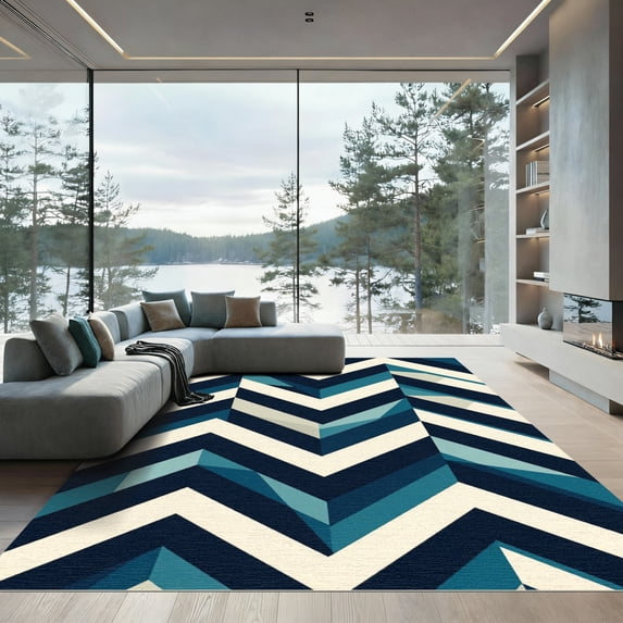 ODIKA 6'x9' Machine Washable Non-Slip Area Rug, Geometric Navy High Traffic Rug, Blue, 1169989