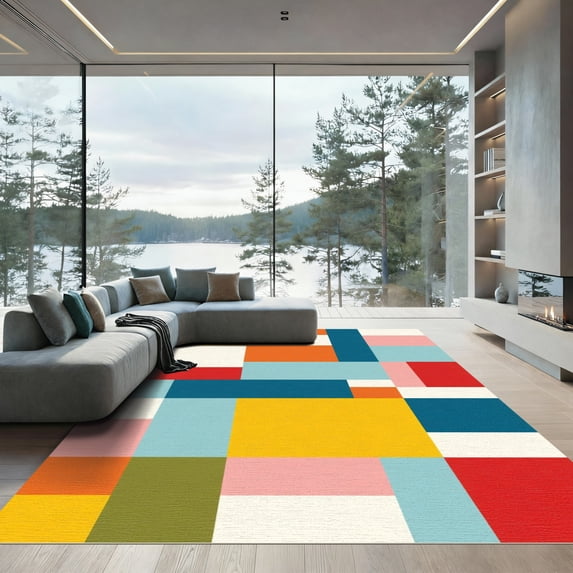 ODIKA 6'x9' Machine Washable Non-Slip Area Rug, Geometric Red High Traffic Rug, Red, 1058306