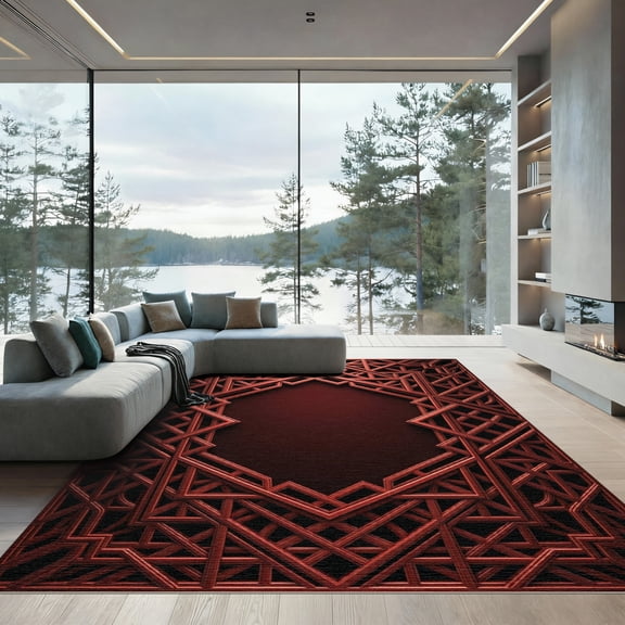 ODIKA 6'x9' Machine Washable Non-Slip Area Rug, Geometric Red High Traffic Rug, Red, 949208