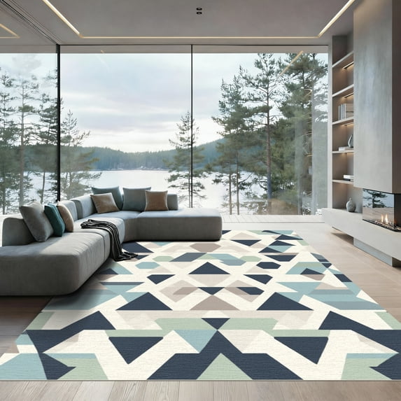 ODIKA 6'x9' Machine Washable Non-Slip Area Rug, Geometric Teal High Traffic Rug, Blue, 1039117