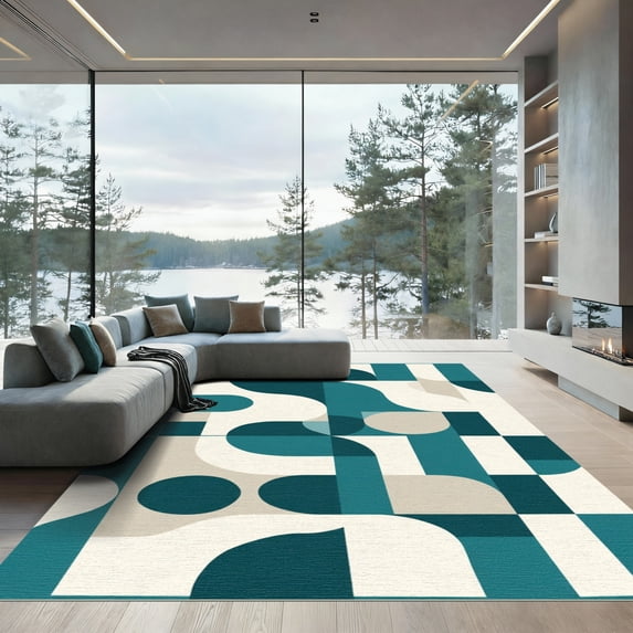 ODIKA 6'x9' Machine Washable Non-Slip Area Rug, Geometric Teal High Traffic Rug, Blue, 1049097