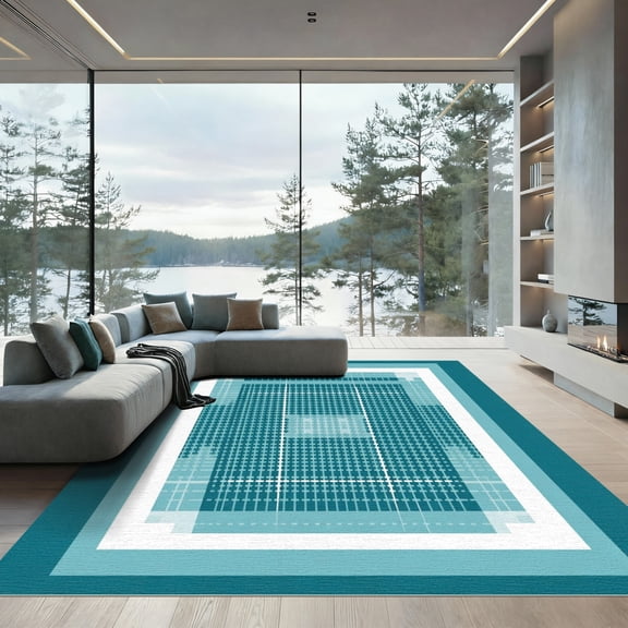 ODIKA 6'x9' Machine Washable Non-Slip Area Rug, Geometric Teal High Traffic Rug, Blue, 1073878