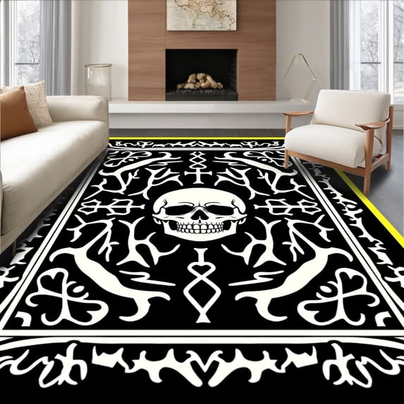 ODIKA 6'x9' Machine Washable Non-Slip Area Rug, Gothic Bone Motif Doormat featuring Crossbones Halloween High Traffic Rug, Black, 620211