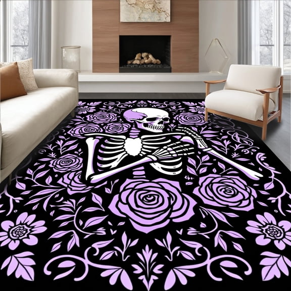 ODIKA 6'x9' Machine Washable Non-Slip Area Rug, Mystical Skeleton Bloom Crochet Project High Traffic Rug, Black, 633999