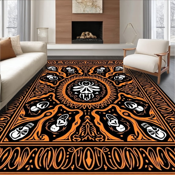 ODIKA 6'x9' Machine Washable Non-Slip Area Rug, Gothic Macabre Skull Motif Decorative Surface High Traffic Rug with Pad, Black, 702755
