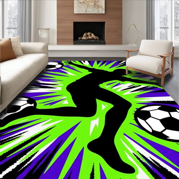 ODIKA 6'x9' Machine Washable Non-Slip Area Rug, Graffiti Inspired Kicking Motif and Spray Paint Soccer Graphics High Traffic Rug with Pad, Green, 675685