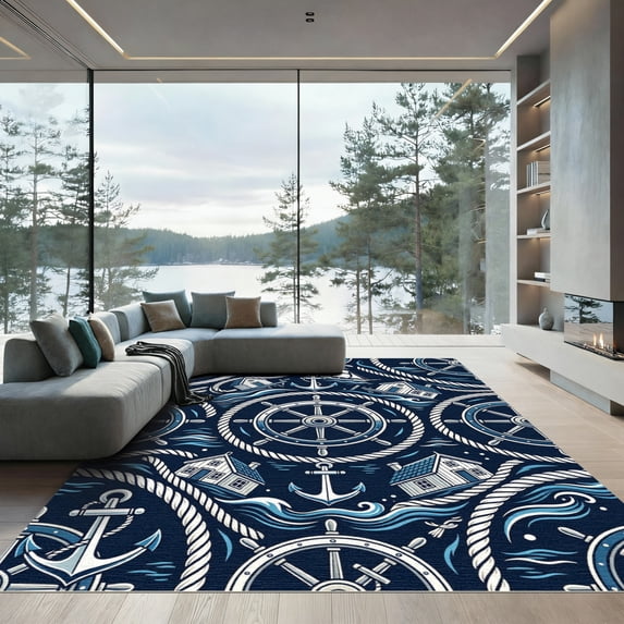 ODIKA 6'x9' Machine Washable Non-Slip Area Rug, Graphic Navy Blue High Traffic Rug, Blue, 1154285
