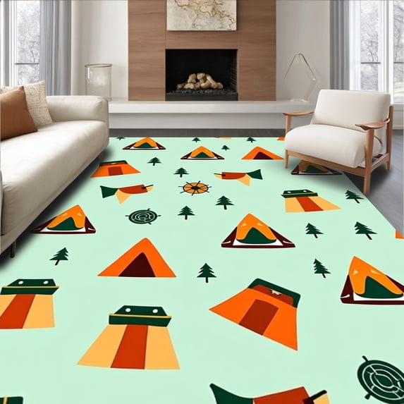ODIKA 6'x9' Machine Washable Non-Slip Area Rug, Happy Camper Woodland Explorer Theme High Traffic Rug with Pad, Orange, 571011