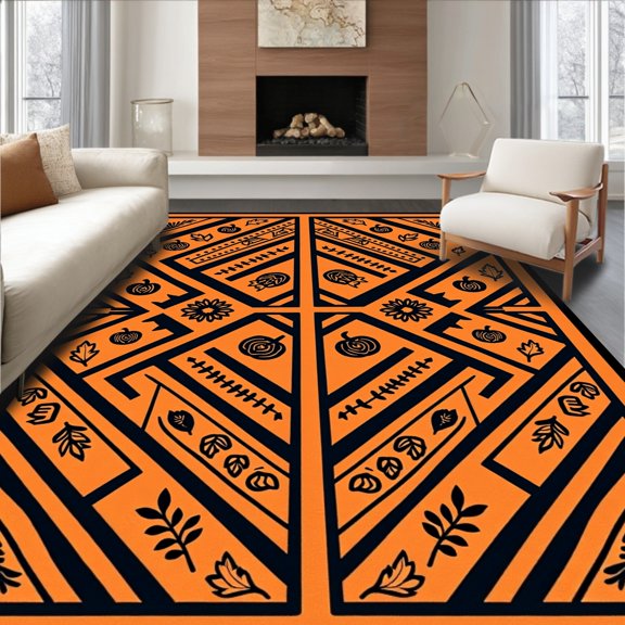 ODIKA 6'x9' Machine Washable Non-Slip Area Rug, Harvest Argyle Patchwork Striped Pumpkin Festival Motifs High Traffic Rug, Orange, 512407