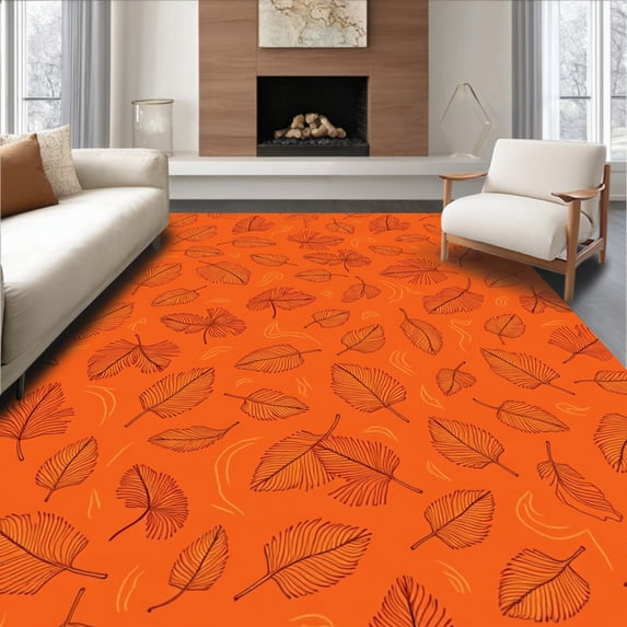 ODIKA 6'x9' Machine Washable Non-Slip Area Rug, Harvest Festival Decorative Autumn Leaf Motif High Traffic Rug, Orange, 602672