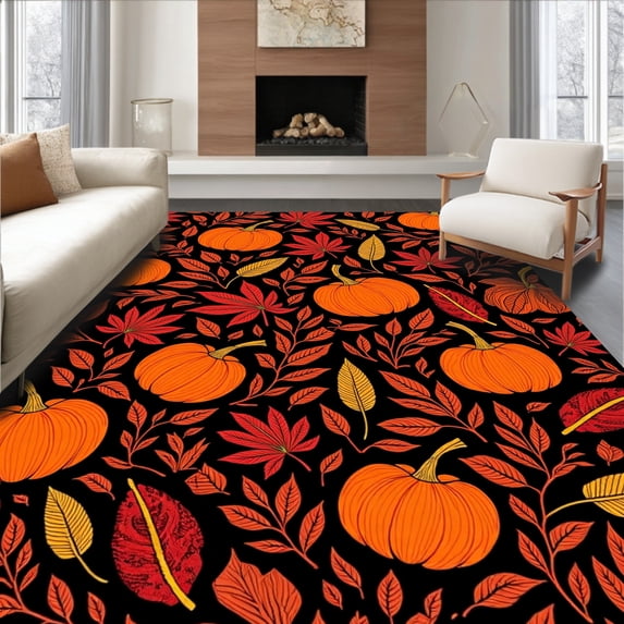 ODIKA 6'x9' Machine Washable Non-Slip Area Rug, Harvest Festival Pumpkin Autumn Symphony High Traffic Rug, Black, 513718