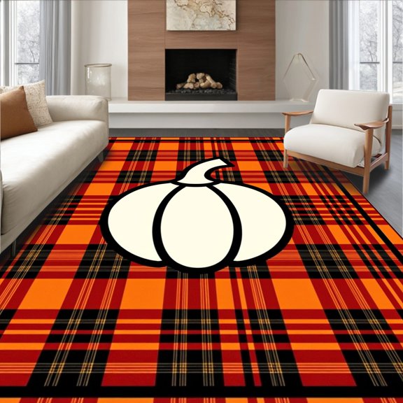 ODIKA 6'x9' Machine Washable Non-Slip Area Rug, Harvest Plaid Patchwork with Pumpkin Outline and Rustic Leaves Motif High Traffic Rug, Orange, 604907