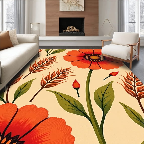 ODIKA 6'x9' Machine Washable Non-Slip Area Rug, Harvest Season Poppy Meadow with Autumn Florals High Traffic Rug, Beige, 511428