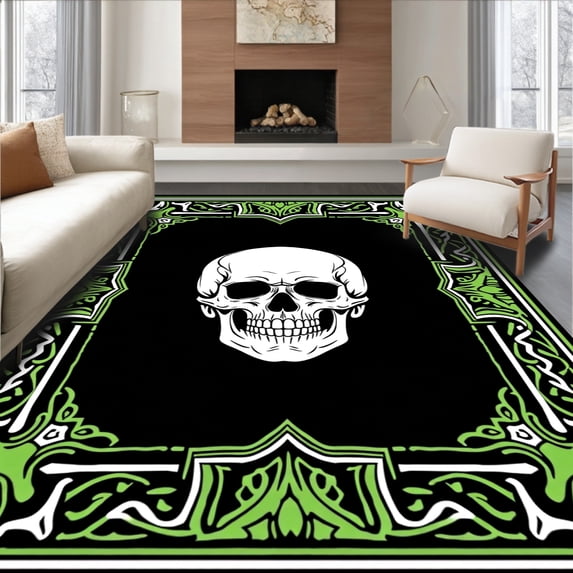 ODIKA 6'x9' Machine Washable Non-Slip Area Rug, Haunted Mansion Entrance Frightful Grinning Face Doormat High Traffic Rug with Pad, Black, 729945
