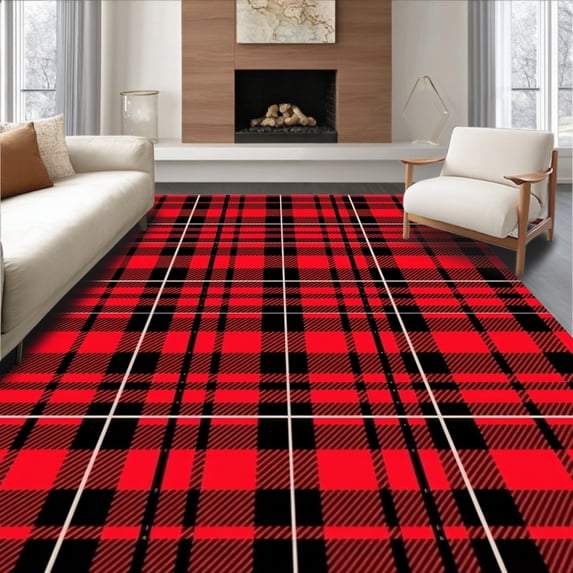 ODIKA 6'x9' Machine Washable Non-Slip Area Rug, Heritage Cabin Plaid with Interlocking Festive Gridwork High Traffic Rug, Red, 610496