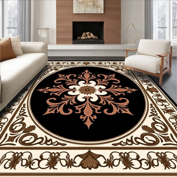 ODIKA 6'x9' Machine Washable Non-Slip Area Rug, Heritage Damask Baroque Palace Elegant High Traffic Rug with Pad, Multi, 491784