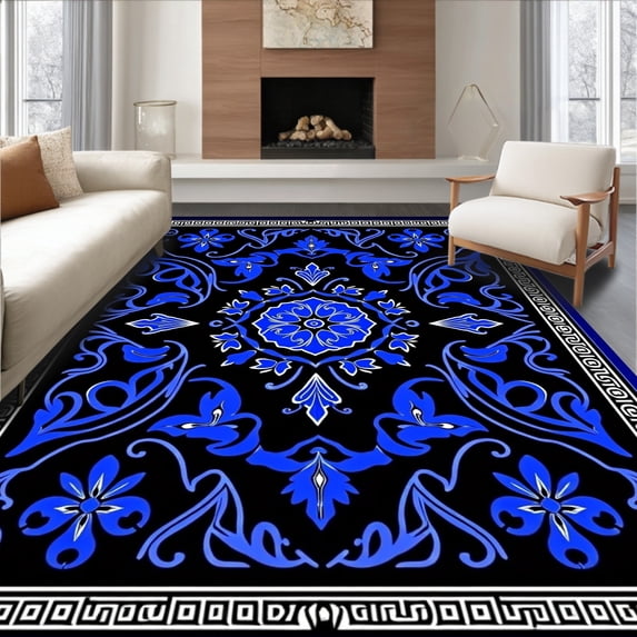 ODIKA 6'x9' Machine Washable Non-Slip Area Rug, Heritage Damask Interlacing Ornate Inspired Elegant High Traffic Rug with Pad, Black, 563537