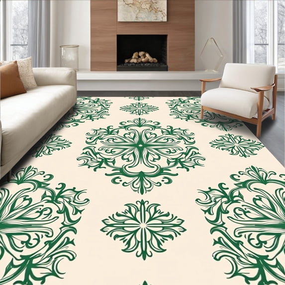 ODIKA 6'x9' Machine Washable Non-Slip Area Rug, Heritage Damask Ornate Scroll Luxurious Elegant Artisan High Traffic Rug, Green, 472460