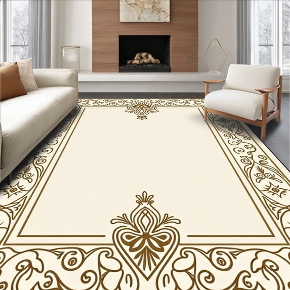 ODIKA 6x9 Machine Washable Non-Slip Area Rug, Heritage Damask Scrollwork Traditional Floor High Traffic Rug with Pad, Beige, 666947