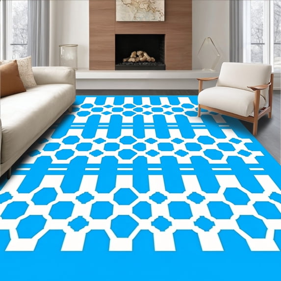ODIKA 6'x9' Machine Washable Non-Slip Area Rug, Hexagonal Honeycomb Design Floor with Abstract Contemporary Style High Traffic Rug with Pad, Blue, 590424