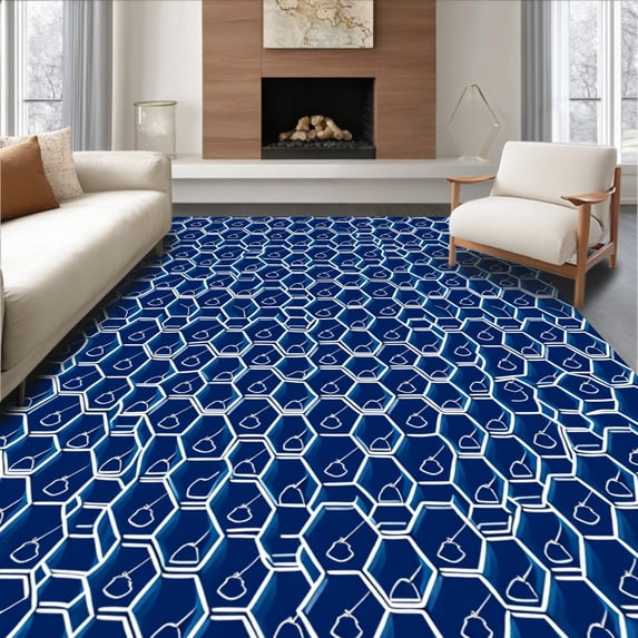 ODIKA 6'x9' Machine Washable Non-Slip Area Rug, Hexagonal Honeycomb Grid with Modern Abstract Accents High Traffic Rug, Blue, 467857