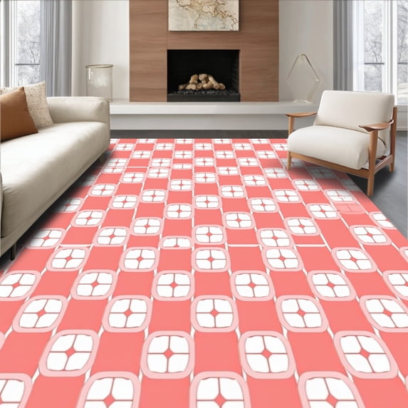 ODIKA 6'x9' Machine Washable Non-Slip Area Rug, Hexagonal Honeycomb Mosaic with Contemporary Grid Layout High Traffic Rug with Pad, Pink, 447653
