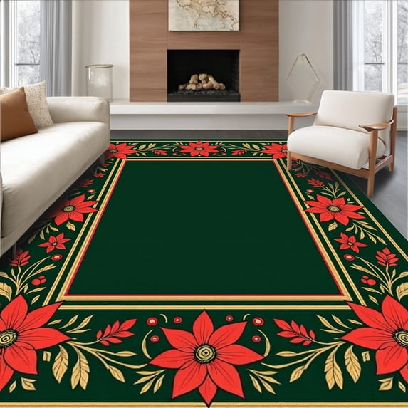 ODIKA 6'x9' Machine Washable Non-Slip Area Rug, Holiday Heirloom Floral Adorned Jolly Embellishment High Traffic Rug, Green, 614441
