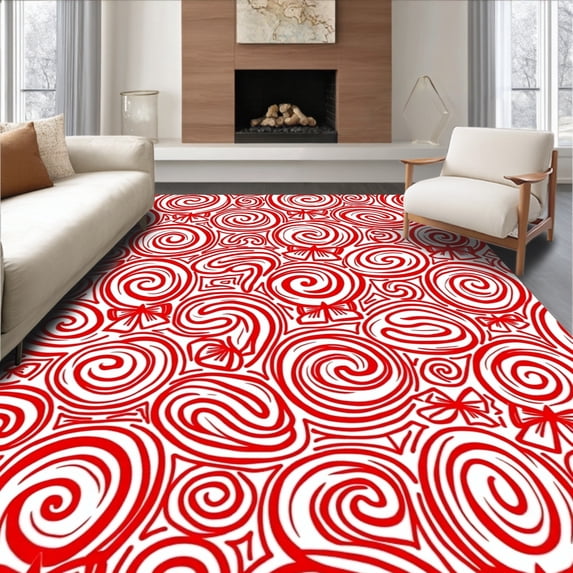 ODIKA 6'x9' Machine Washable Non-Slip Area Rug, Holiday Motif Featuring Peppermint Swirls and Ribbon Bows High Traffic Rug with Pad, Red, 647095