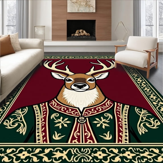 ODIKA 6'x9' Machine Washable Non-Slip Area Rug, Holiday Reindeer Canvas Stitching Throw High Traffic Rug with Pad, Burgundy, 645161